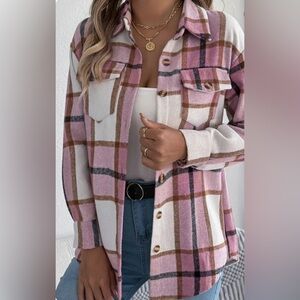 Pink Plaid Button Down Shirt Jacket